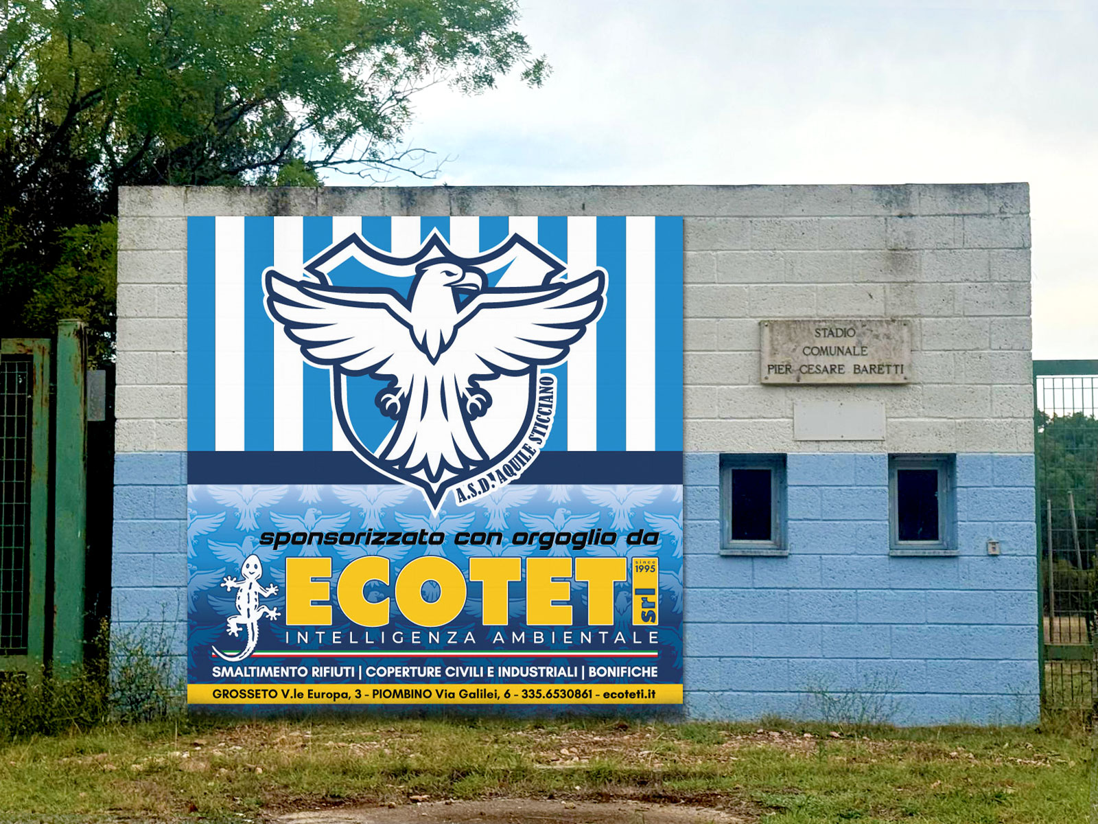 progettazione grafica stampa e fornitura Pannelli in alluminio per esterno Stadio ASD AQUILE STICCIANO render -Studio Grafico Grosseto Vulcano Comunicazione